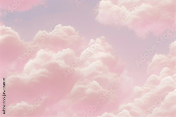 Fototapeta Background of fluffy baby pink pastel cotton candy clouds in the sky. Generative AI  