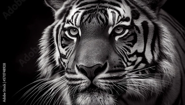 Fototapeta Schwarz weiß Portrait von einem Tiger. Perfektes Wandbild - Generative Ai