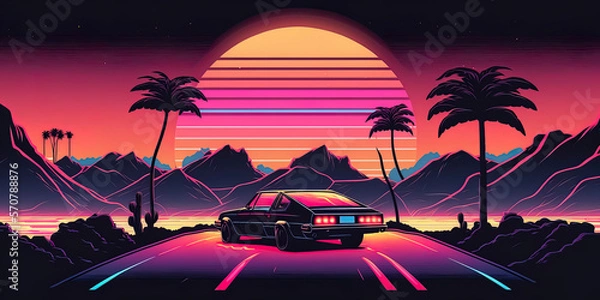 Fototapeta trendy synthwave, vaporwave, cyberpunk sunset background. Back to 80's concept. AI-Generated