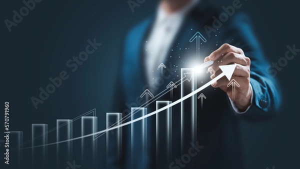 Fototapeta global business growth analysis and asset investment chart Business and Finance Up arrow Holographic economic chart, global economic trend analysis, financial graph analysis on virtual screen.