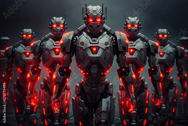 Fototapeta An army of mighty military robots is ready for battle With Generative AI