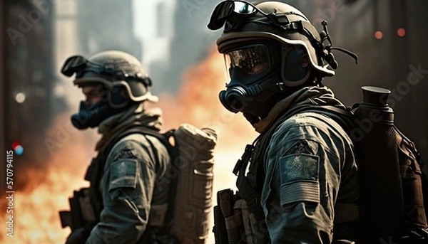 Fototapeta Special ops soldiers fight for survival in chaotic urban warfare in New York City. On fire, armed with rifles, and wearing gas helmets, they navigate debris-filled streets while under attack.