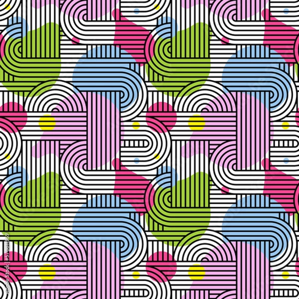 Fototapeta black and white doodle thread tangle seamless pattern for fabric or wrapping paper memphis pink green blue
