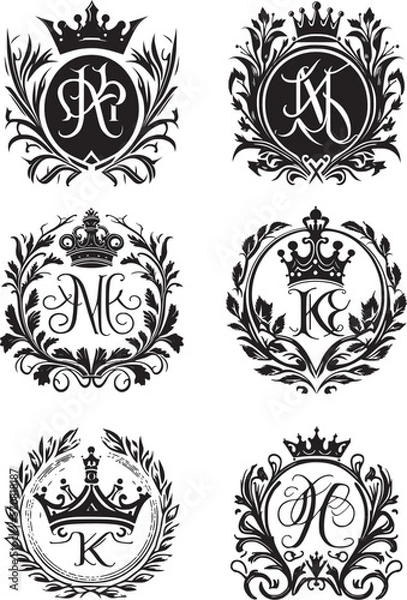Fototapeta monogram, a combination of letters in the form of a coat of arms with a crown and a wreath, suitable for logos, design of wedding invitations and a family sign