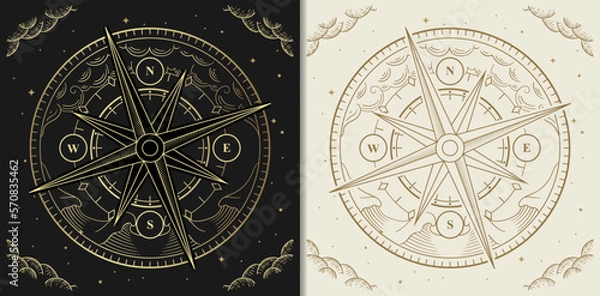 Obraz Golden compass with wave and cloud decoration