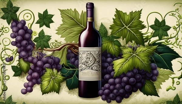 Fototapeta Red wine in a bottle with bunch of grapes and leaves around it