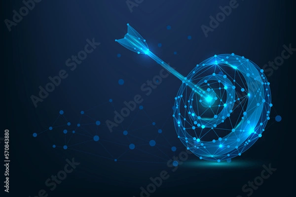 Fototapeta Abstract mesh line and point Bullseye or target. Low poly goal concept with glowing low polygonal target and arrow. Polygonal vector futuristic illustration