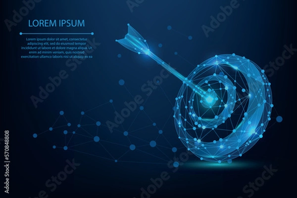 Fototapeta Abstract mesh line and point Bullseye or target. Low poly goal concept with glowing low polygonal target and arrow. Polygonal vector futuristic illustration