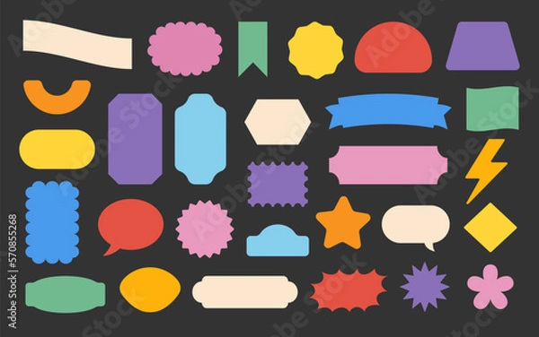Fototapeta Pop sticker design, graphic patch. Abstract label or logo, hippie modern elements, colorful fashion packaging badge. Geometric forms, frames different shapes. Vector design utter illustration