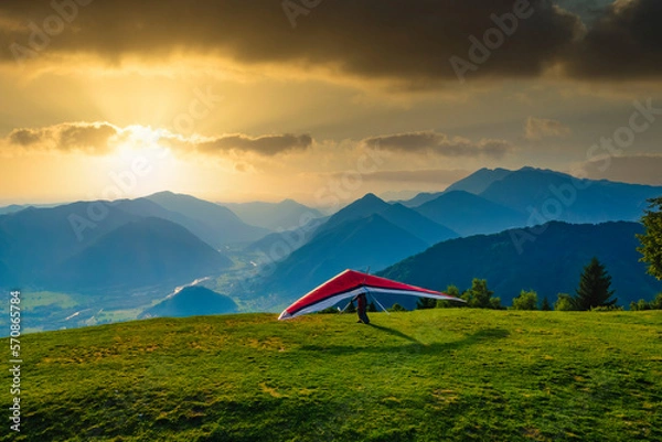 Obraz Hang glider ready to take off in magnificient Soca valley in Slovenia