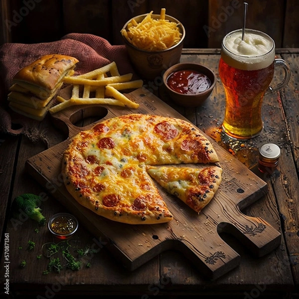 Obraz Pizza Night: Cheese Pizza, French Fries, and Beer on a Wooden Table