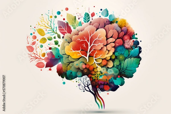 Obraz Floral human brain. Mental health concept. Colorful plants and leaves on white background, modern drawn, image is generated with the use of an AI. Template design elements. Blossom, botanical art.