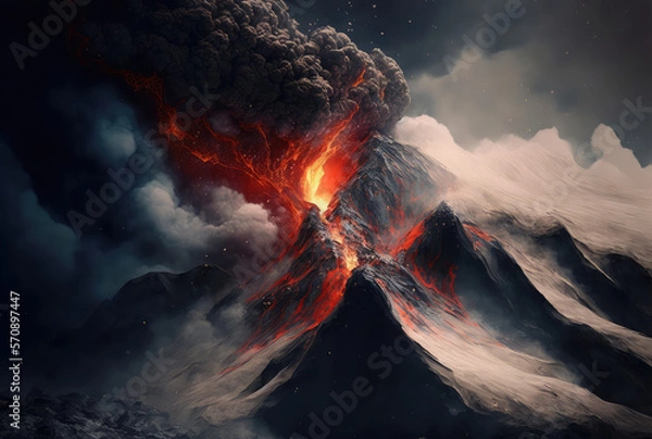 Fototapeta Volcanic eruption, lava explosion, smoke and ash. Generative AI