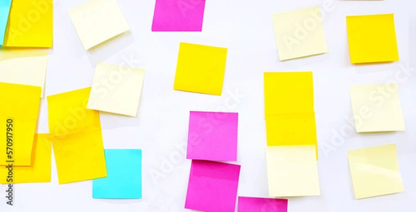 Fototapeta Colorful or multicolor post it isolated on white background. Group of paper sticky on wall to share idea, thinking, knowledge, opinion, message, information, notice and brainstorming for business.