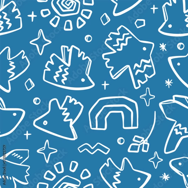 Obraz ABSTRACT CONTEMPORARY Folk Doodle Seamless Pattern Modern African Hand Drawn Flat Birds Various Shapes Fabric Print Background Matisse Style Creative Art Cloth