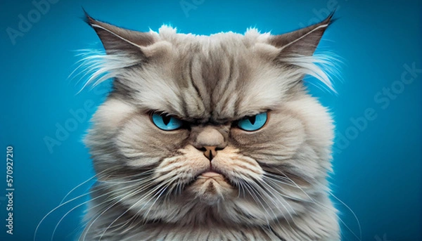 Fototapeta Angry disgruntled cat on a blue background, portrait of an angry cat on solid background, generative ai