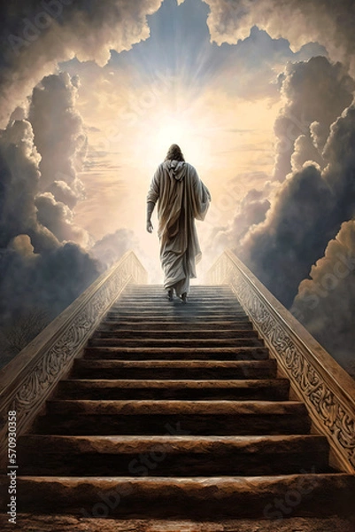 Fototapeta Jesus Walking Up the Stairway to Heaven - Ai Generative
