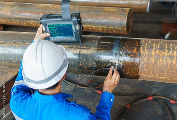 Fototapeta Inspectors Check Defects in Welded add Joints of Steel Pipe with Process Ultrasonic testing (UT) of Non-Destructive Testing(NDT)