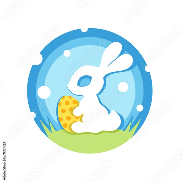 Fototapeta Greeting card Happy Easter. Paper design. Silhouettes of a hare and an egg. The Easter Bunny is holding an egg in its paws. A bunny in a spring meadow congratulates on Easter. Happy easter.
