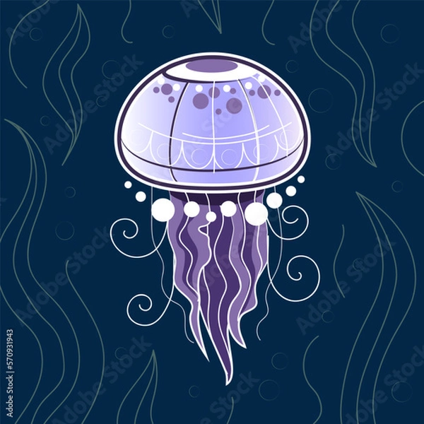 Fototapeta Swimming jellyfish illustration. Jellyfish and algae at the bottom of the ocean. Jellyfish soaring in the sea. Blank for design on clothes or book
