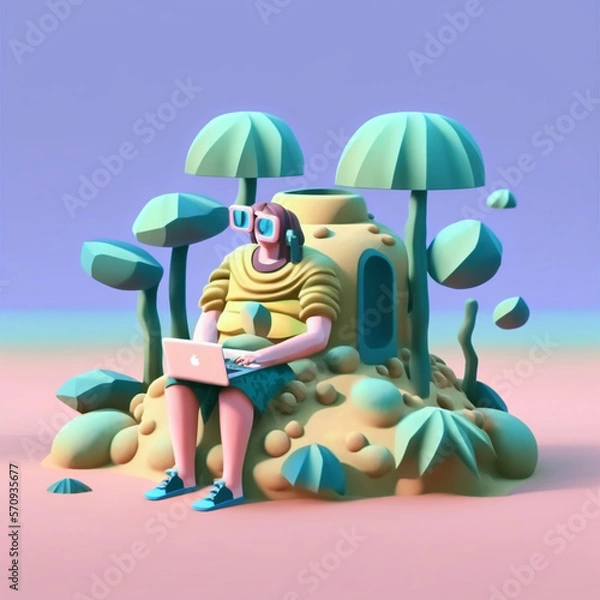 Fototapeta 3d man sitting on the beach using a laptop