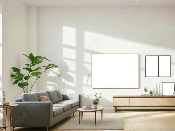 Obraz Livingroom Mockup with empty picture frames, generative ai