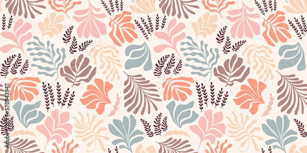 Fototapeta Abstract background with leaves and flowers, Matisse style. Vector seamless pattern with Scandinavian cut out elements.