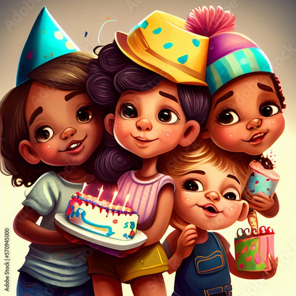 Fototapeta Happy birthday celebration for kids with friends in full color and 8K resolution. Generative Ai