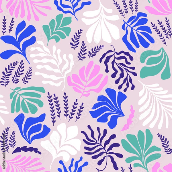 Fototapeta Abstract background with leaves and flowers, Matisse style. Vector seamless pattern with Scandinavian cut out elements.