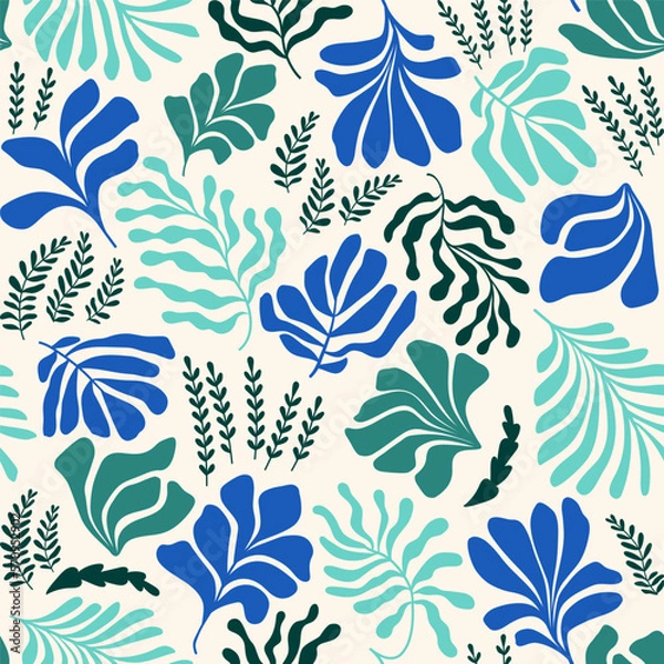 Fototapeta Abstract background with leaves and flowers, Matisse style. Vector seamless pattern with Scandinavian cut out elements.