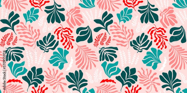 Fototapeta Abstract background with leaves and flowers, Matisse style. Vector seamless pattern with Scandinavian cut out elements.