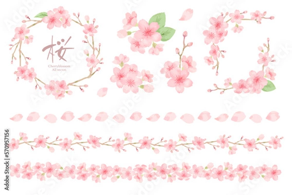 Obraz 桜の水彩風フレーム・ラインイラストセット　主線なし、ベクター