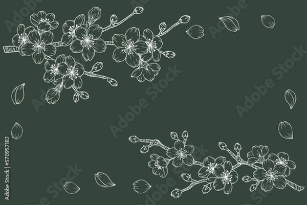 Obraz 枝に咲いている桜のチョークアート風パーツイラストセット　白線、ベクター