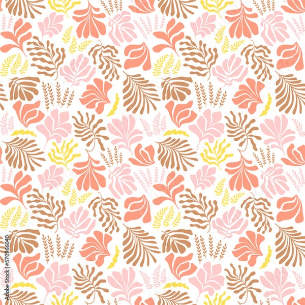 Fototapeta Abstract background with leaves and flowers, Matisse style. Vector seamless pattern with Scandinavian cut out elements.