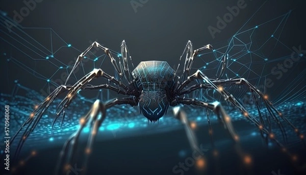 Fototapeta Cyber microchip spider networked on a digital data spider web mesh, artificial intelligence created with generative ai technology