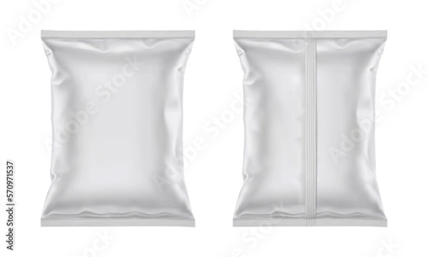 Fototapeta Vector blank plastic foil bag for packaging design, mockup template for food snack, chips, cookies, peanuts, candy. Isolated on white background