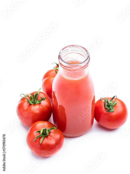 Fototapeta Bottles of tomato juice and ripe tomatoes isolated on white background