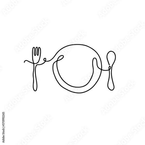 Obraz Single continuous hand drawn of plate, spoon and fork. Object design vector illustration 
