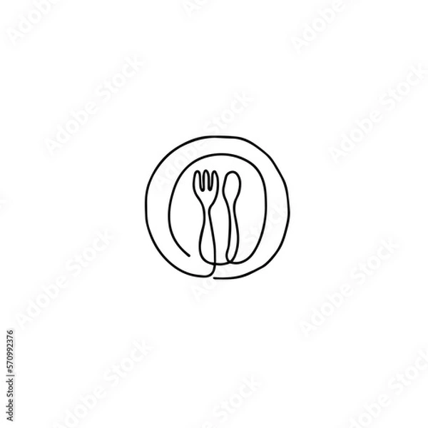 Obraz Single continuous hand drawn of plate, spoon and fork. Object design vector illustration
