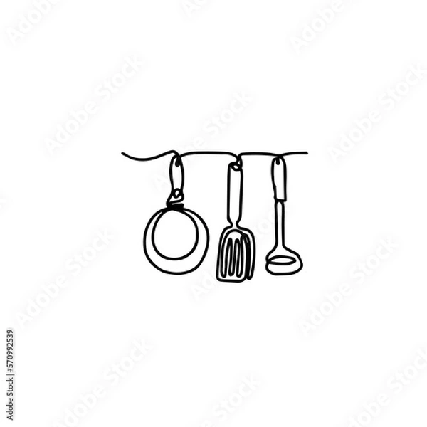 Obraz Cutlery hanging line art background. One line drawing of different kitchen utensils. Vector illustration