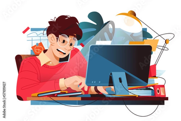 Fototapeta Busy worker sits at desk with computer