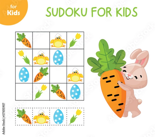 Fototapeta Mini-game for children on the theme of Easter. Help solve sudoku with eggs and carrots