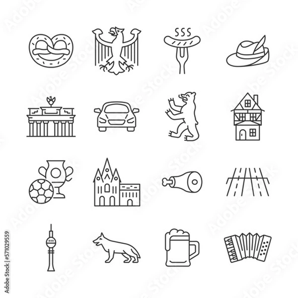 Fototapeta Germany line icon set. Vector collection symbol with coat of arms, sausage, car, fachwerk house, soccer ball, mug of beer, accordion. Editable stroke.