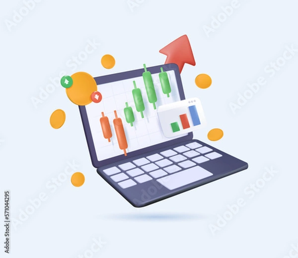 Fototapeta 3D Stocks market graph crypto chart on laptop screen. Technical analysis candlestick chart money. Global stock exchanges
