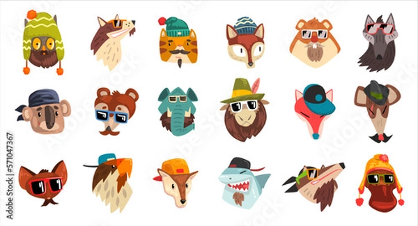 Fototapeta Set of hipster animals. Funny owl, cat, dog, fox, wolf, koala, shark, elephant wearing sunglasses and cap vector illustration