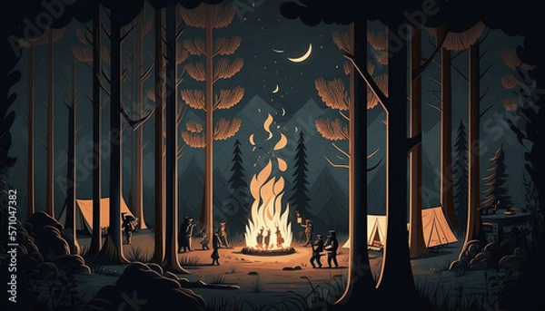 Fototapeta Illustration of a Camp Site with a Roaring Camp Fire surrounded by Tents and Campers ~ Created using Generative AI