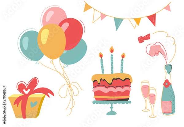 Obraz Vector set of elements for the holiday Birthday party. Decorative set with balloons, bunting, champagne, glasses, cake with candles, gift. Isolated on white background