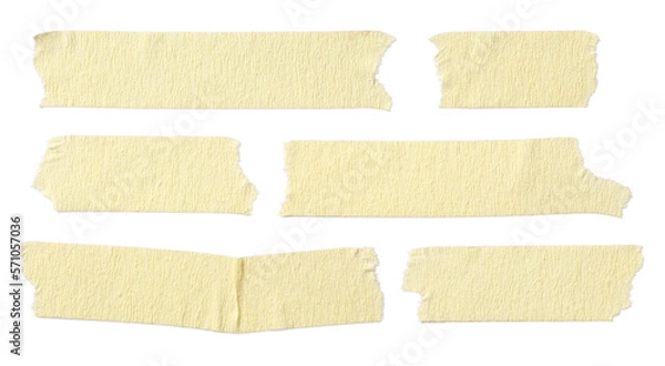 Fototapeta six pieces / strips of ripped yellow textured adhesive kraft paper / masking tape, attach something or use as labels and add some text - isolated design element	