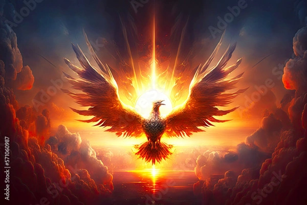 Fototapeta striking image of phoenix firebird rising into sky in rays of setting sun, generative ai
