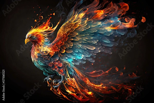 Fototapeta traditional bird in form of mystical firebird phoenix rising from ashes, generative ai